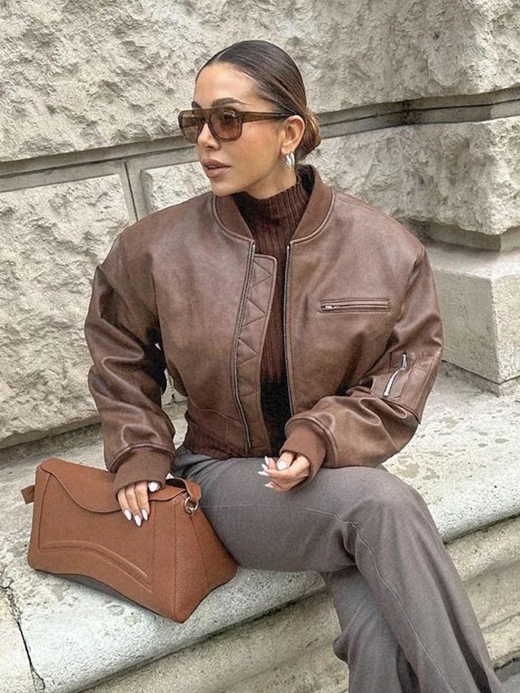 Casual Solid Leather Bomber Jacket For Women O-neck Zipped Pockets Long Sleeve Loose Coat Female Autumn Fashion Lady Coats 241010