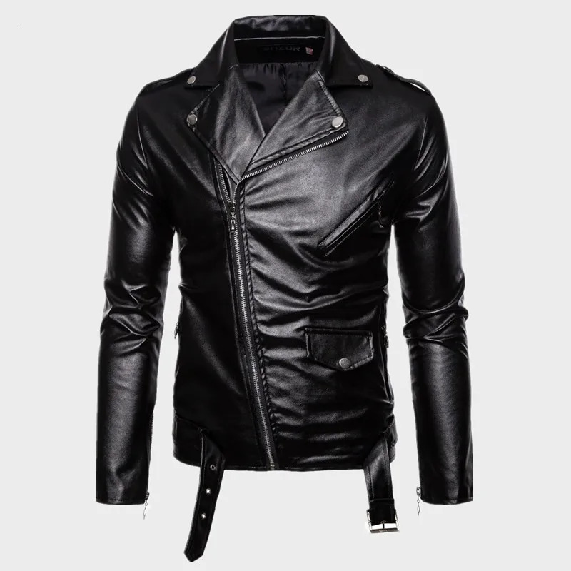 Mens leather jacket white and black casual collar ultra-thin fit diagonal zipper motorcycle PU leather jacket for mens clothing 241010