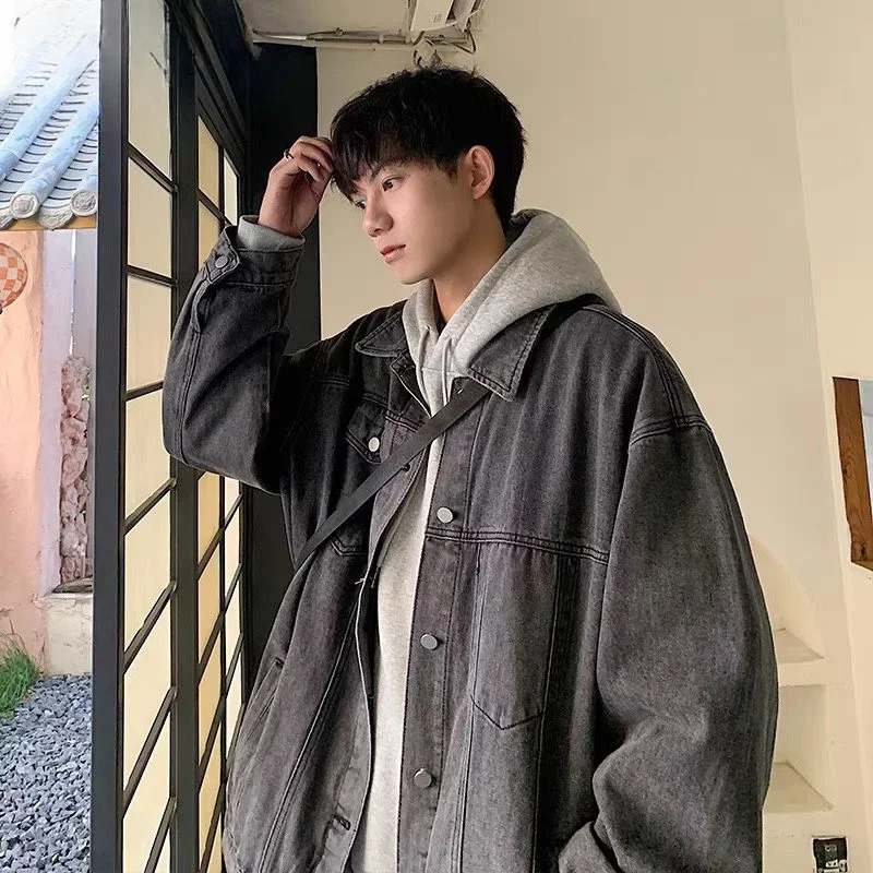 mens spring autumn fashion oversized denim jacket mens retro streetwear jacket mens single chest denim jacket H160 241007