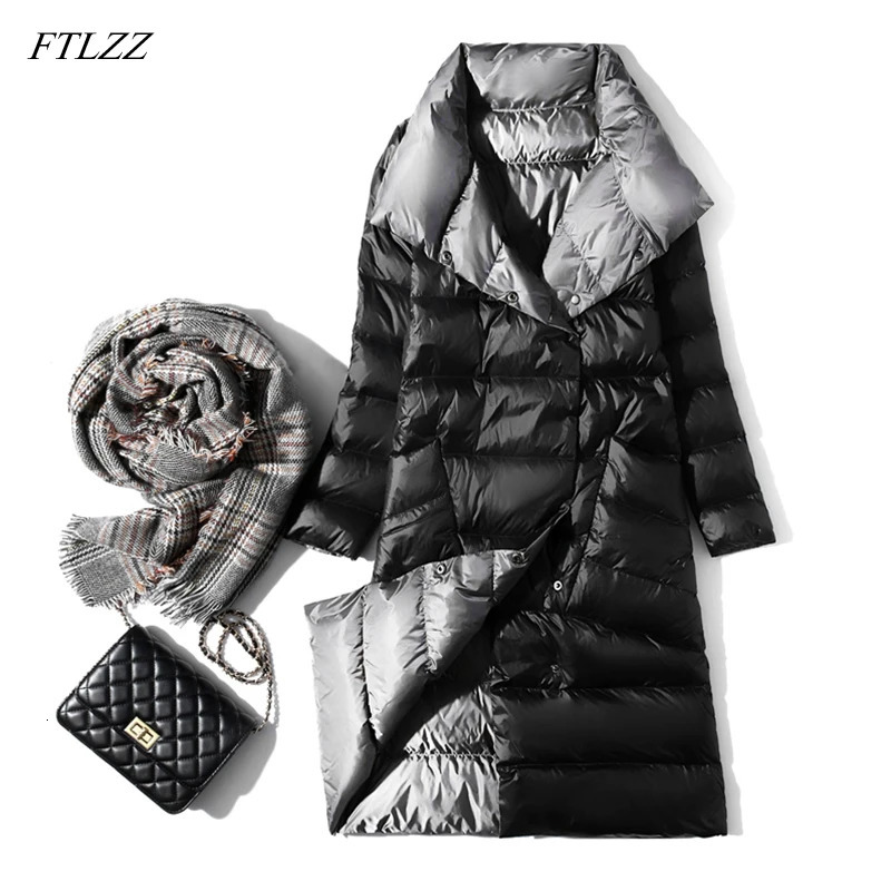 FTLZZ ultra light long jacket womens winter double-sided ultra-thin white duck down jacket single chest turtle neck warm park 241010