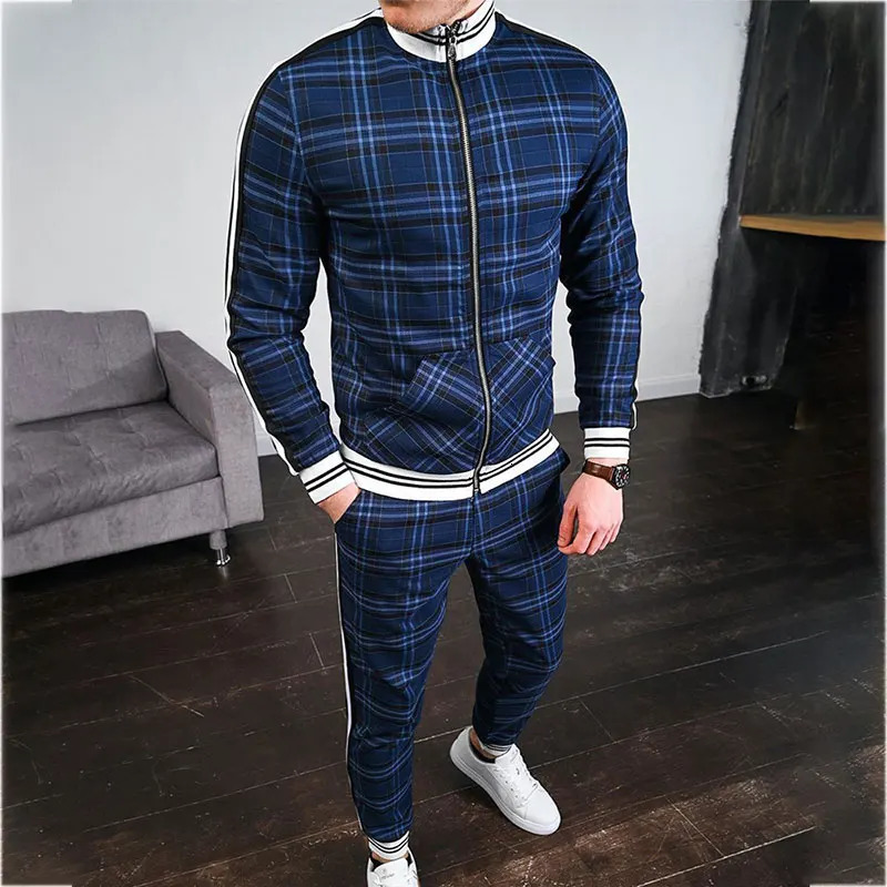 2023 Mens Tracksuit Sets Fashion 3D Plaid Print Trendy Casual Sportswear Spring Autumn Jacket Pants 2 Piece Set Man 241009
