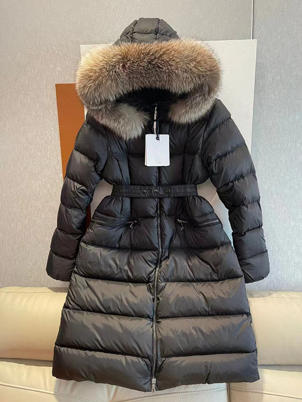 2023 Autumn Winter Women's White Duck Down Parkas Zip Jackets Hooded Fur Thick Striped Embroidery Woman's Slim Long Coats MK23091