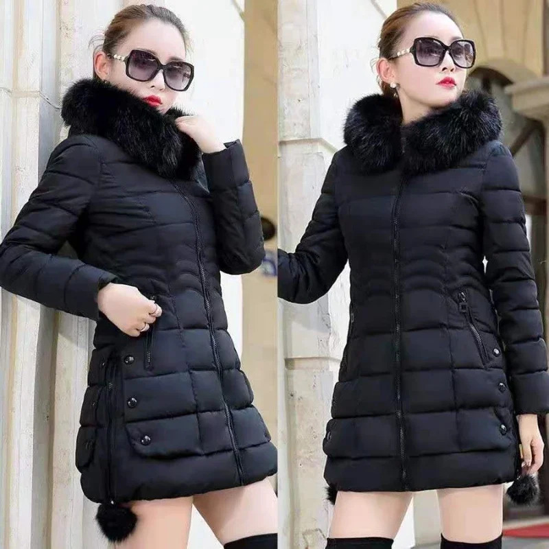 Winter womens jacket Parka large fur collar thick womens jacket casual jacket European fashion black womens top 241010