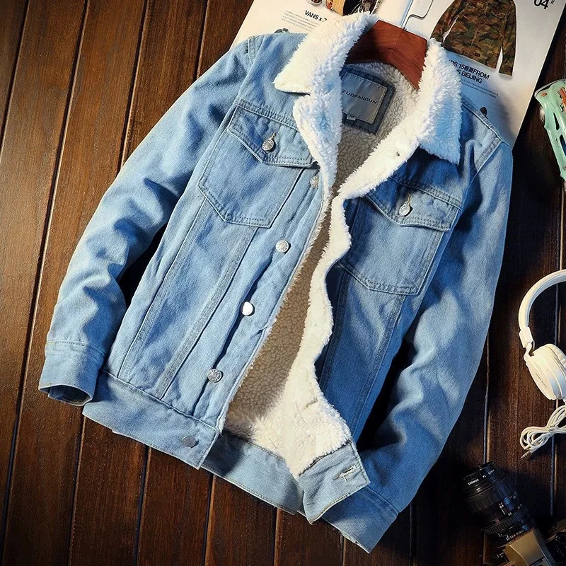 Autumn and winter mens fashion trend cashmere denim jacket mens casual comfortable thick warm high-quality warm coat 241009