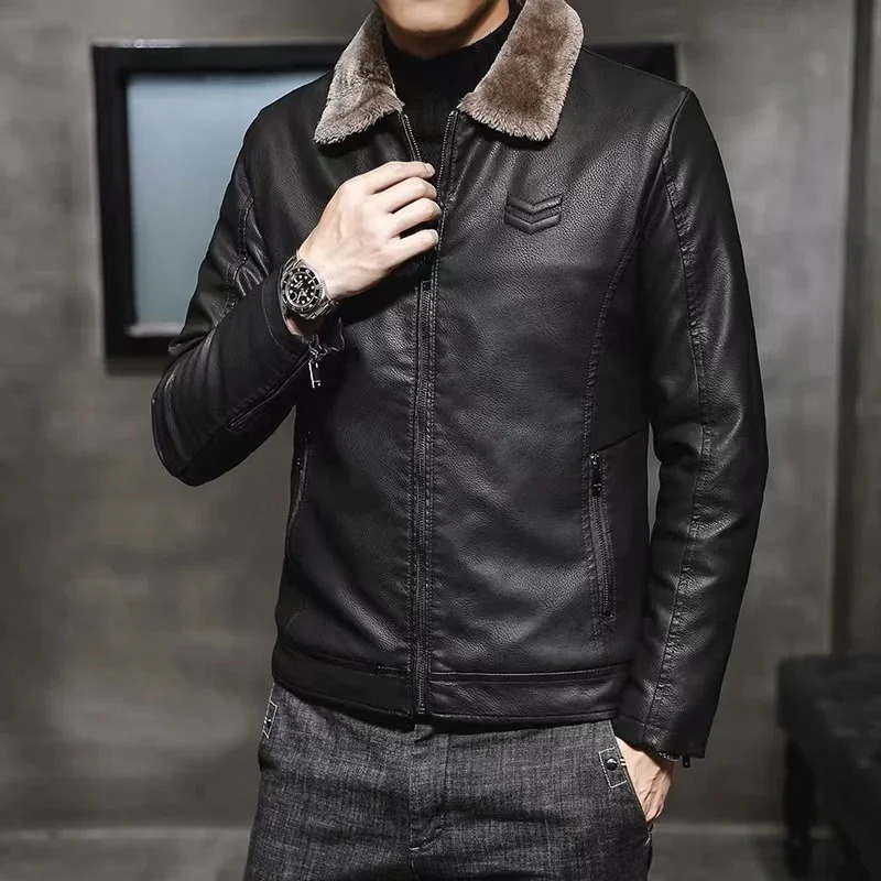 Warm jacket leather jacket mens clothing retro brown leather jacket mens winter faux fur collar windproof 241010