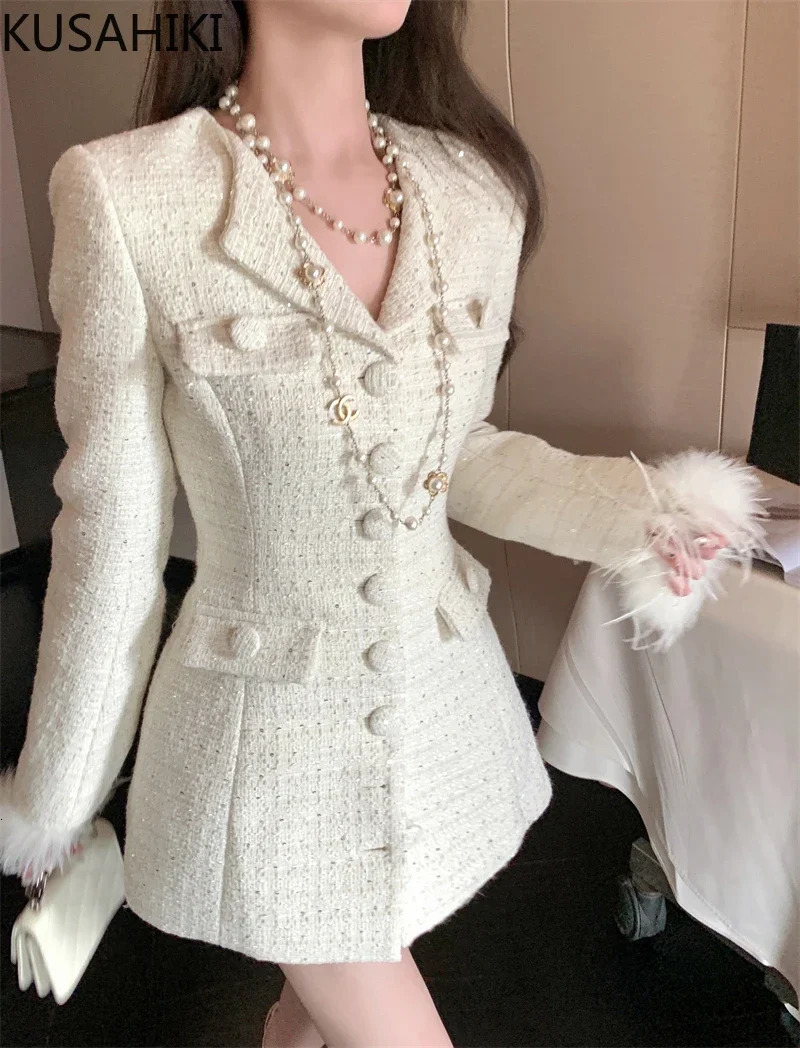 KUSAHIKI Elegant Fur Splicing Womens Jacket Autumn Single Chest Collar Korean Ultra Thin Waist Medium Length Coat 241010