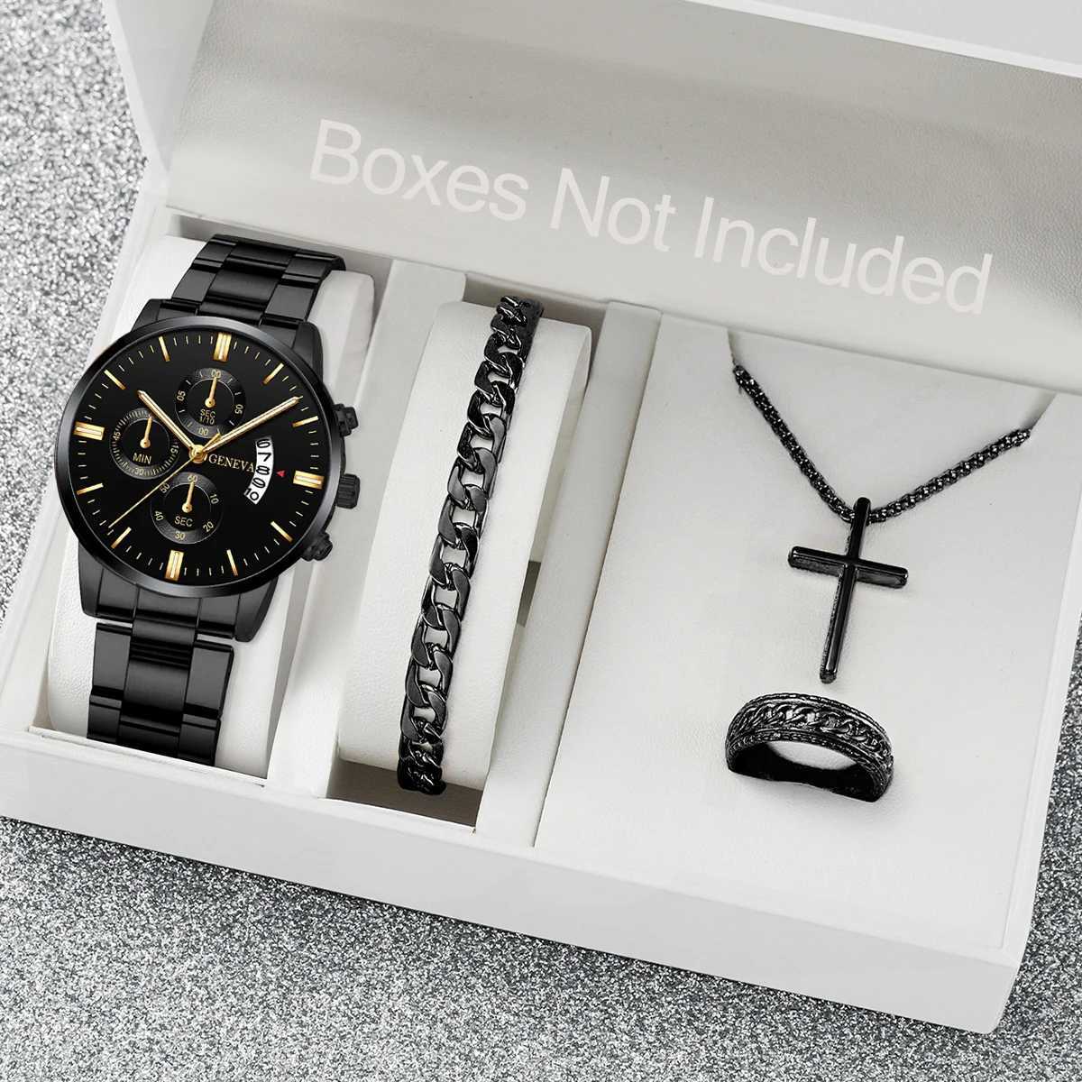 4PCS / Set Men Watchs Watchs Fashion Black Steel Band Hommes Date Calendrier Quartz Watch Jewelry Set without Boxx241010