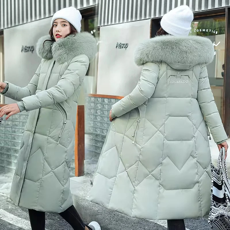 Womens winter jacket 2024 mid length clothing fashionable ultra-thin fur collar thick cotton coat elegant Parka womens apron coat 241010