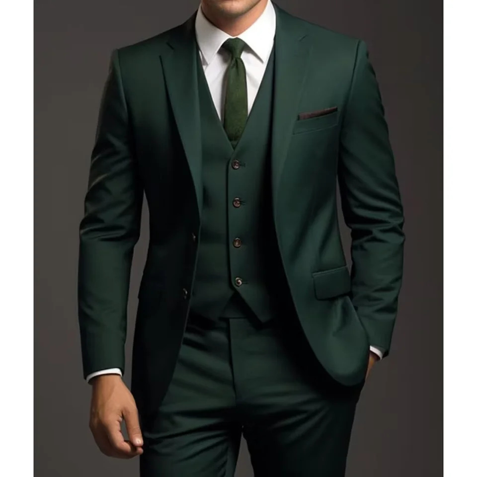 Dark Green Men Suits 3 Piece Set Elegant Single Breasted Notch Lapel Solid Outfits Slim Fashion Business Casual Wedding 241008