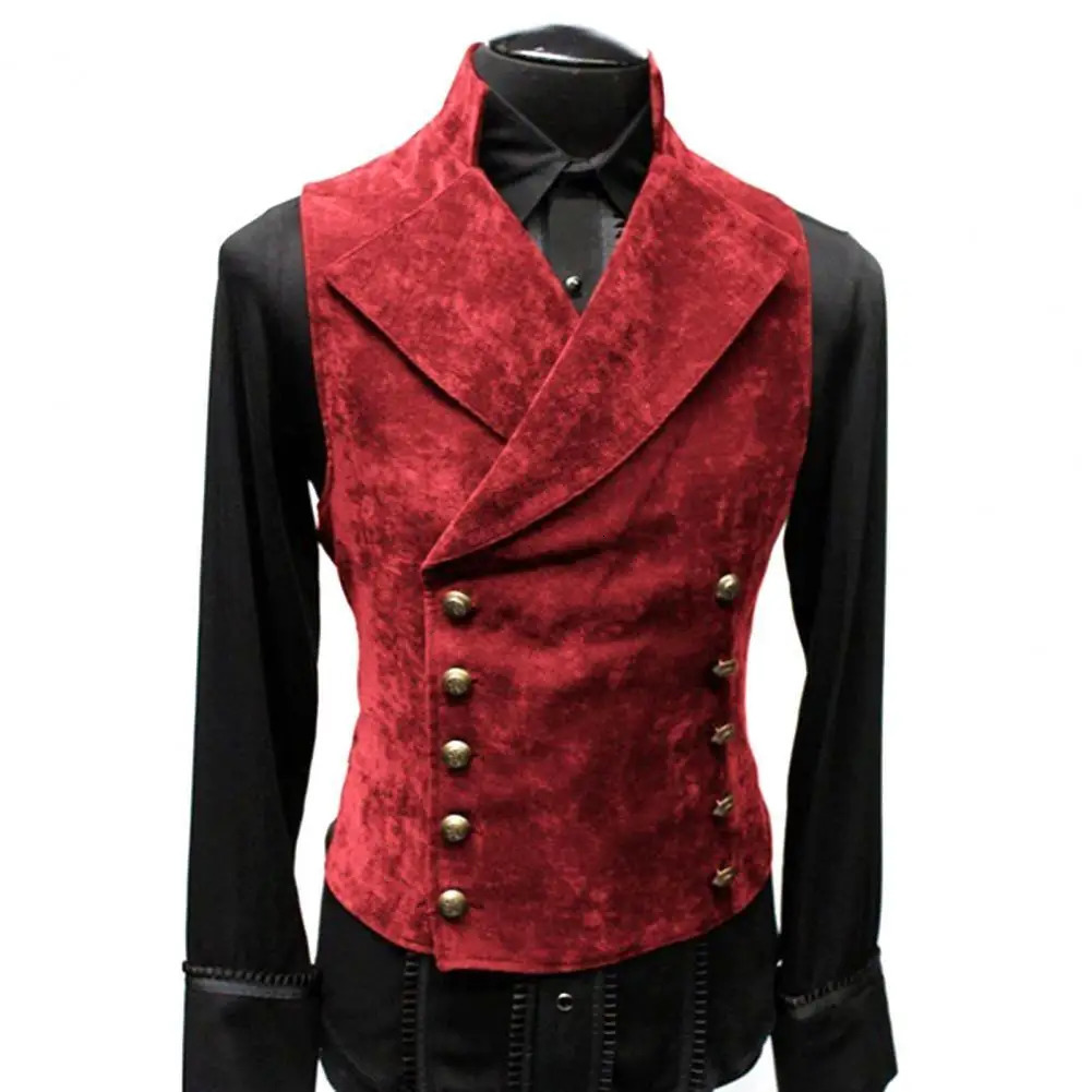 Retro red suede suit vest mens waist jacket stand collar solid color double chest ultra-thin fit vest steampunk gold-plated mens 241010