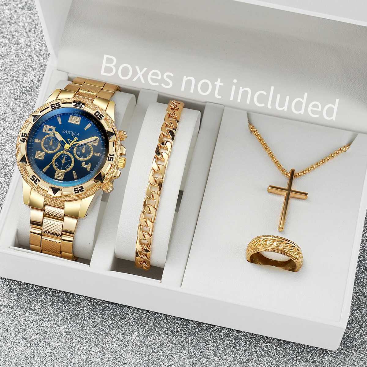 4pcs / set Fashion Mens Watch Casual Gold Steel Band analogique Quartz masculin Montres bijoux avec boxx241010