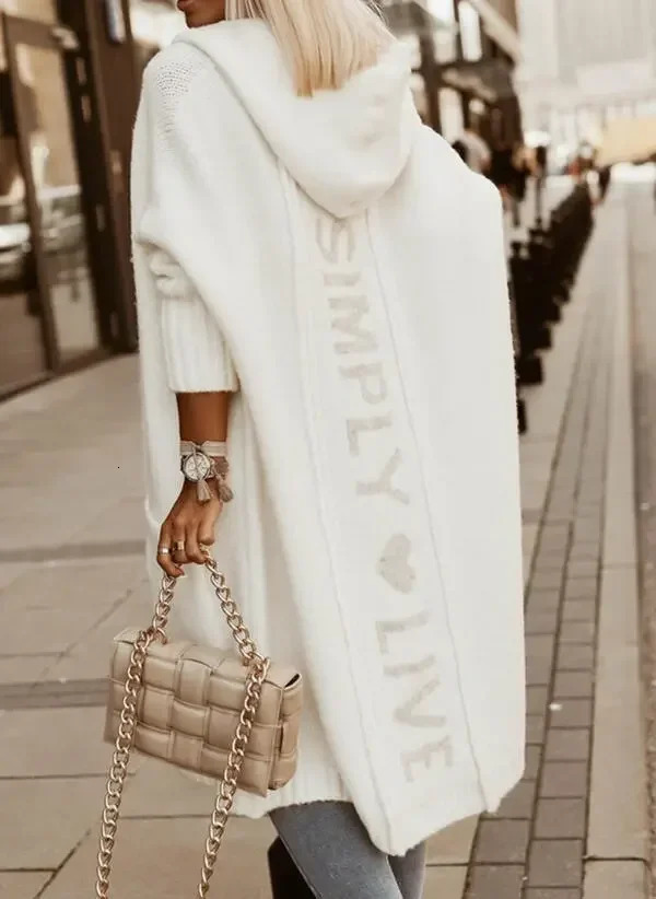 Letter Heart Longline Hooded Cardigan Knitted Sweater Womens Spring and Autumn Winter Maxi Soft Loose Coat Long Knitted Jacket 241010