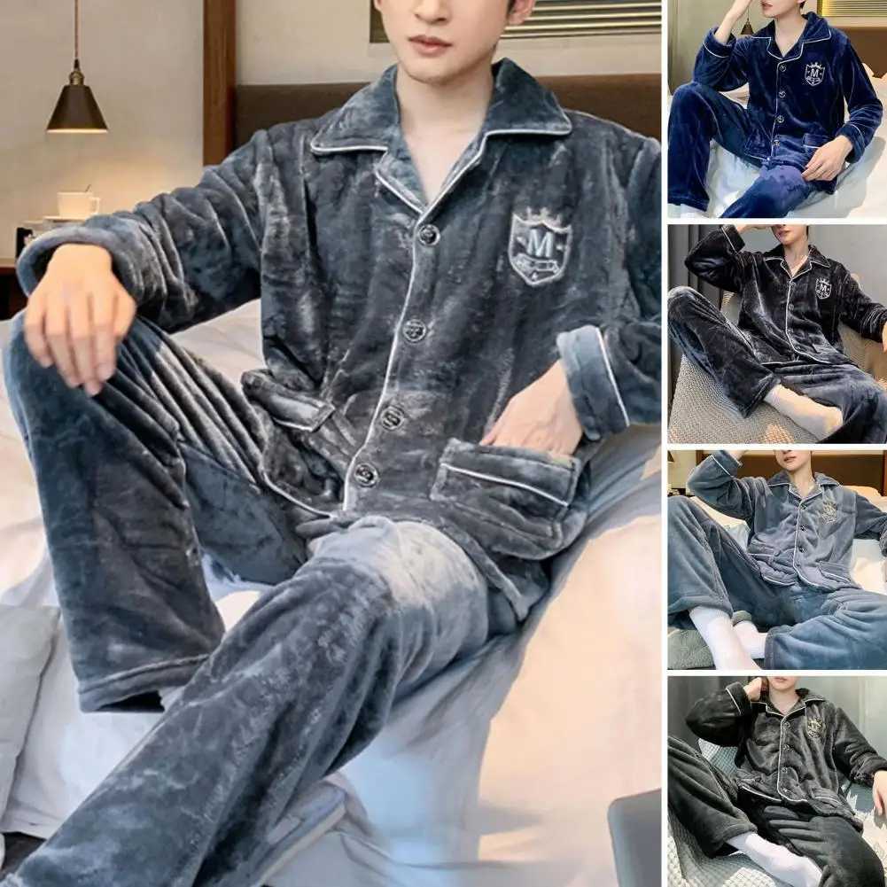 Vêtements de nuit pour hommes nouveaux hommes hiver chaud flanelle pyjama ensemble col en v manteau moelleux + pantalon hommes dormir 2 pièces en