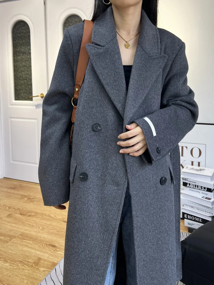 High end gray womens thick double-sided wool cashmere coat loose collared long sleeved wool coat womens winter coat 240930