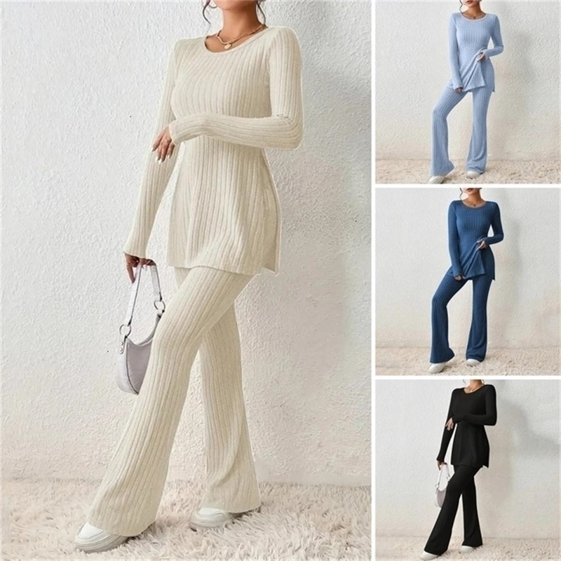 2023 Fall Winter Knitted 2 Piece Suit Long Sleeve Ribbed Slit Top and High Waist Pencil Pants Set Fashion Outfit y241010