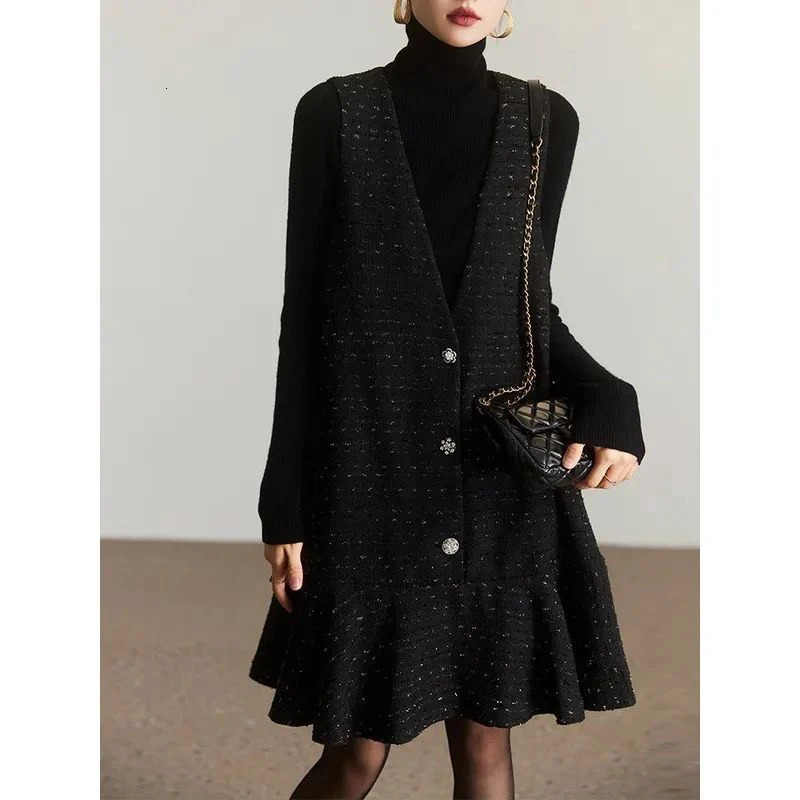 MEXZT retro coarse woolen mini dress womens elegant pleated V-neck one-piece dress winter black sun skirt Korean sleeveless vest 241010