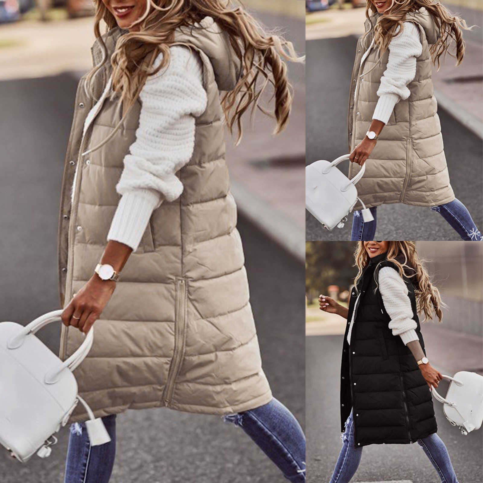 Women's down jacket solid color hooded single breasted medium long padded jacket vest slim temperament cardigan coat top J241011