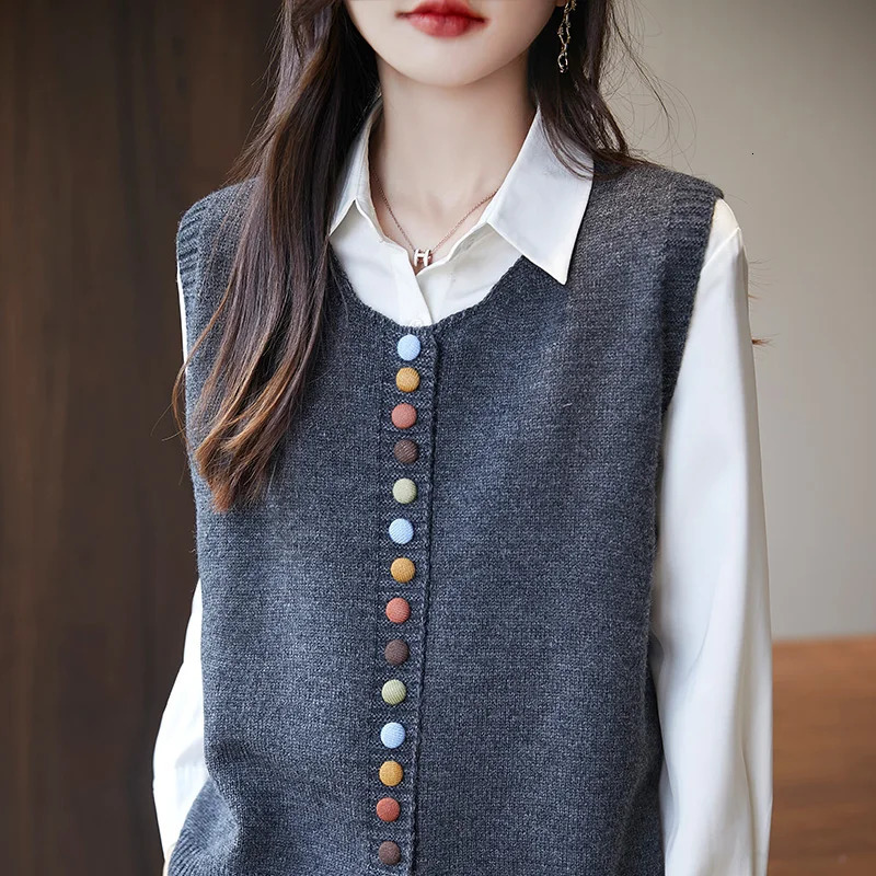 Autumn/Winter Fashion Round Neck Womens Knitted Vest Elegant Sleeveless Colorful Single-breasted Wool Cardigan Female Tops 241008