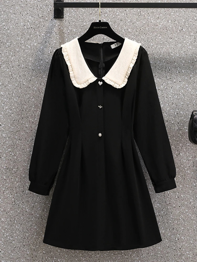 Plus taille robe automne 2024 manches longues noires élégantes une robe de ligne longueur de genoue grandes femmes vêtements 241010