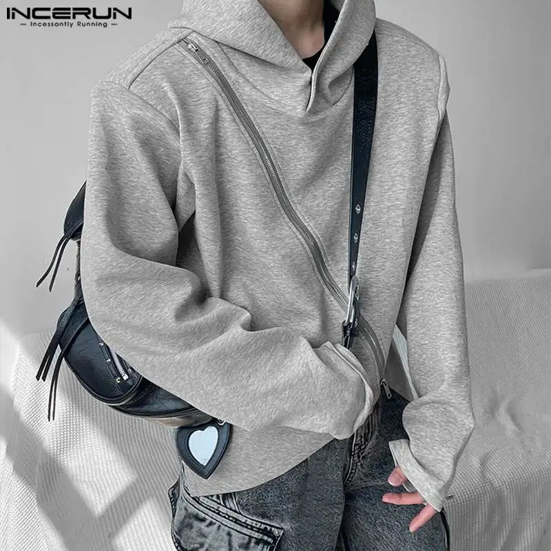 INCERUN Tops Korean Style Mens Irregular Diagonal Zipper Casual Street Solid Hoodie Long Sleeve Sweater S 5XL 241010
