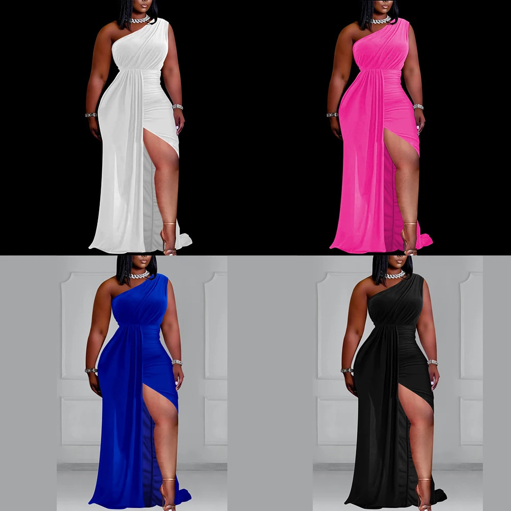 Femmes de taille plus formelle élégant une robe de soirée plissée épaule avec des fentes hautes longues printemps été 2024 241010