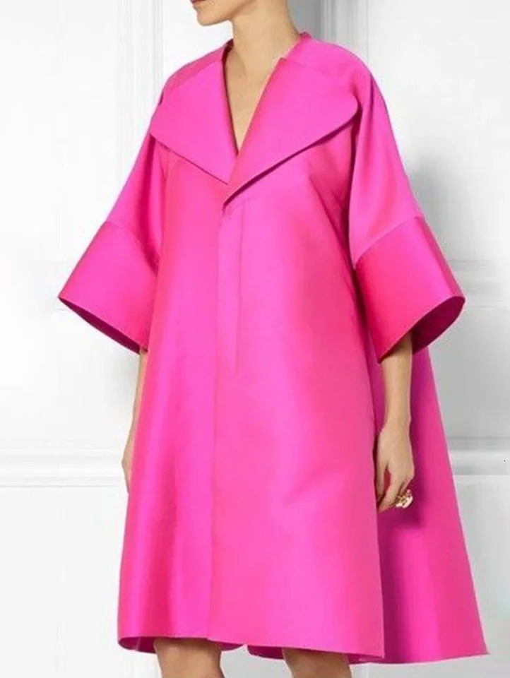 Plus Size Pink Casual Solid Color Lapel Collar Half Sleeve Loose Midi Dress Summer Vintage KneeLength Dres s Clothing 241010