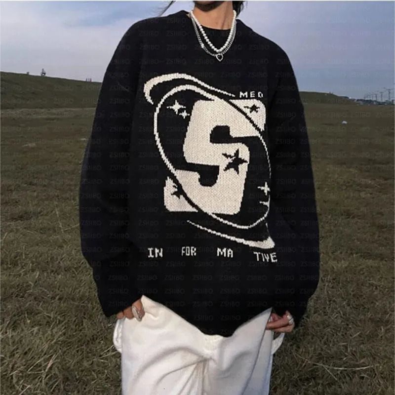 Capital Letter Print Solid Color Retro Mens and Womens Autumn Winter Sweaters Harajuku Crew Collar Oversized Pocket Knitted Top 241010
