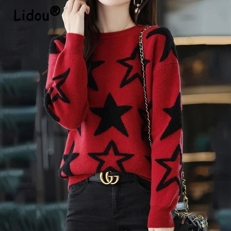 Korean autumn and winter fashion knitted patchwork loose womens O-neck sweater casual floral top commuting sweater 241010