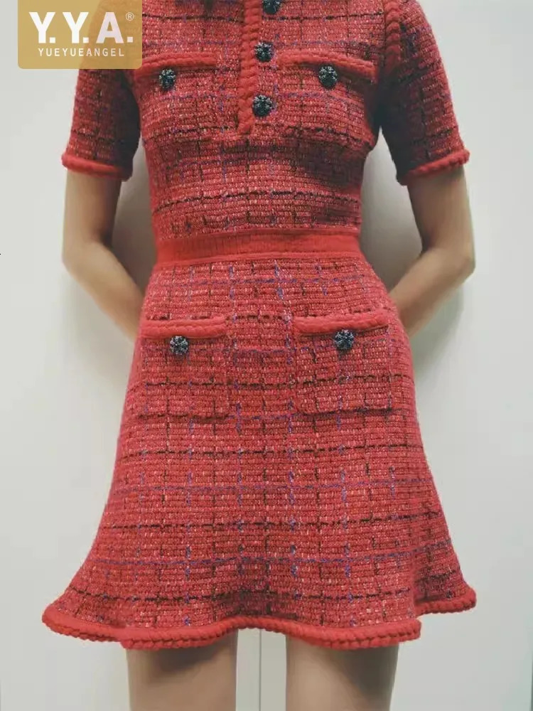 Robe en dentelle à carreaux rouges rétro pour femmes O-col court à manches courtes Slim Fit A-Line Party 77cm Mini robe de poche de style françai