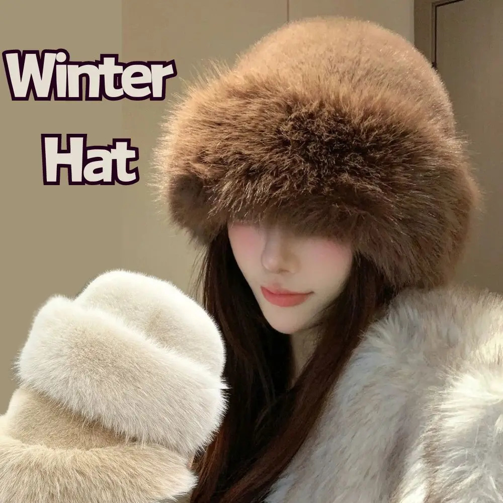 Y2k fluffy faux fur bucket hat for women warm and thick plush winter hat for women fluffy fur ear protection hat windproof Panama hat 241011