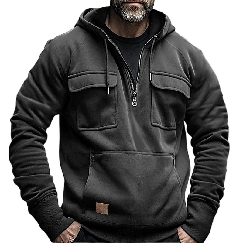 Half zip mens tactical hoodie solid warm wool military sports sweater with multiple pockets mens hoodie thick outdoor extreme 241010