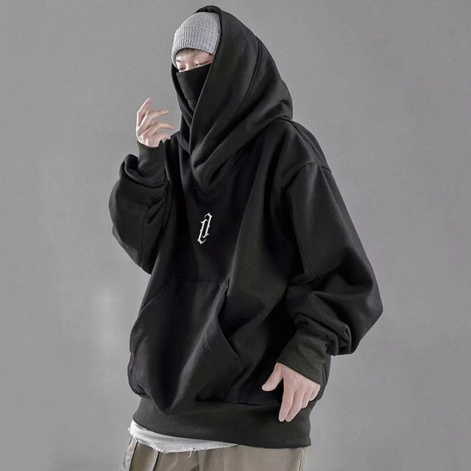 mens hip-hop hoodie high neck mens solid autumn and winter ninja hoodie long sleeved hoodie loose mens clothing 241010