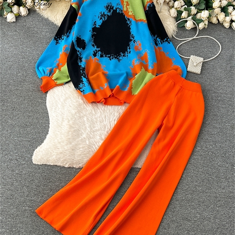 Singreiny Winter Fashion épais pull d'épaisseur 2024 Tiedye Loose Pulloverlelastic Long Pantal Imprimé décontracté en tricot de deux pièces Y2410