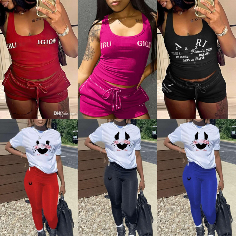 Designer Tracksuits Women Tank Top Womens Two Pieces Jogger Set New Letters Printed Short Sleeve Sexy Fashion Tights Suits Yoga Pant T shirt