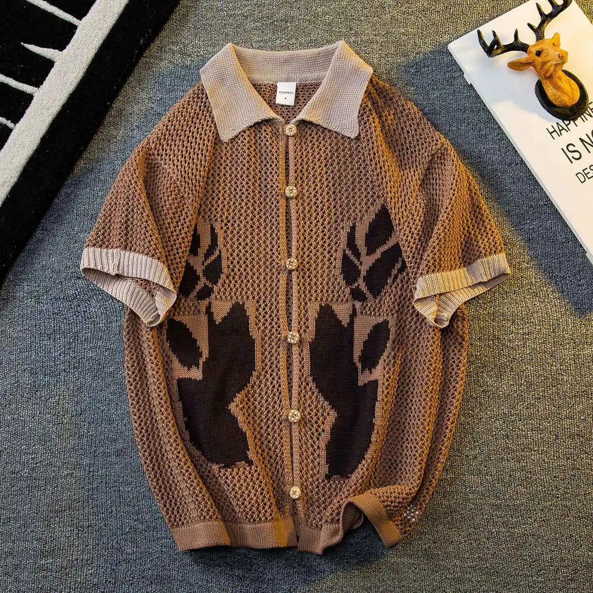 Oldyanup Vintage Jacquard Knit Shirts Men Summer Short Sleeve Patchwork Knitted Cardigan Tops Fashion Knitwear Streetwear 240930Z