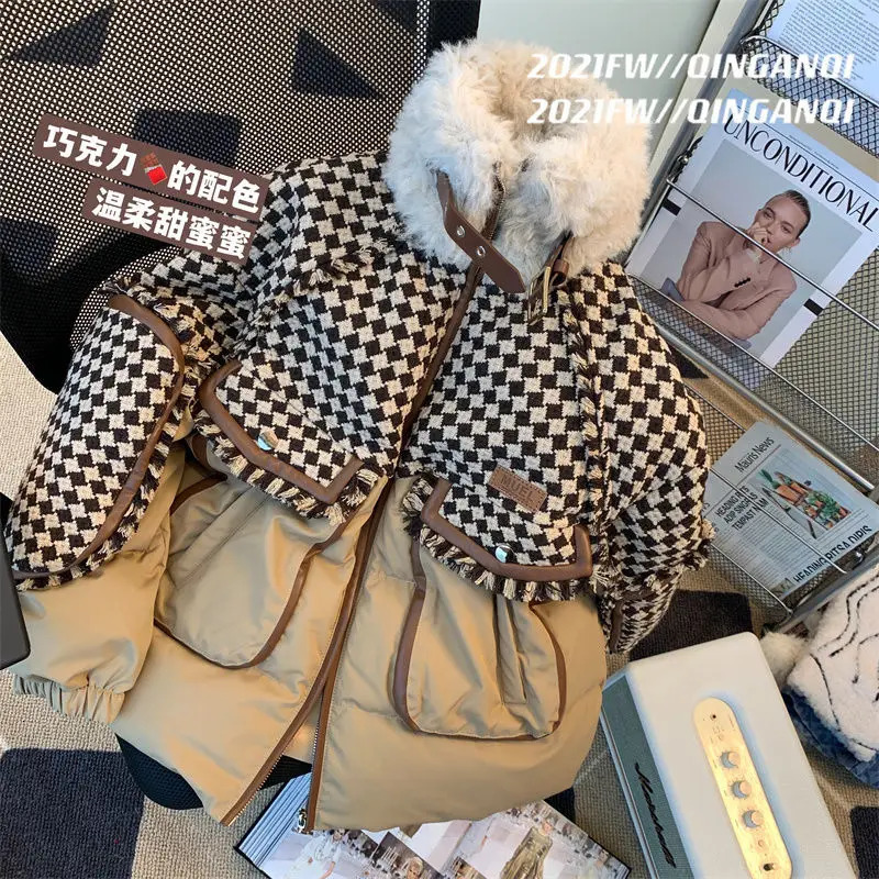 Thick Winter Coat Women Patchwork Parkas Warm Lamb Wool High Collar Fur Puffer Plaid Jacket Loose Top 241008