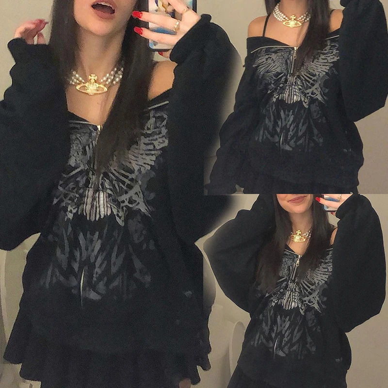 Y2K Grunge Punk Butterfly Printed Oversized Zipper Hoodie Harajuku Hoodie Black Gothic Sportswear Retro Long Sleeve Jacket 241010