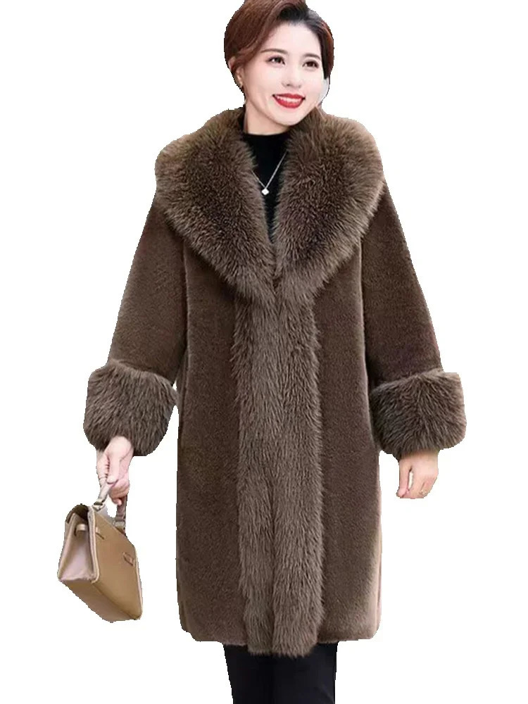 Artificial fur coat womens winter fluffy jacket fox fur collar fashionable artificial mink fur plush medium long coat elegant fur coat 241007