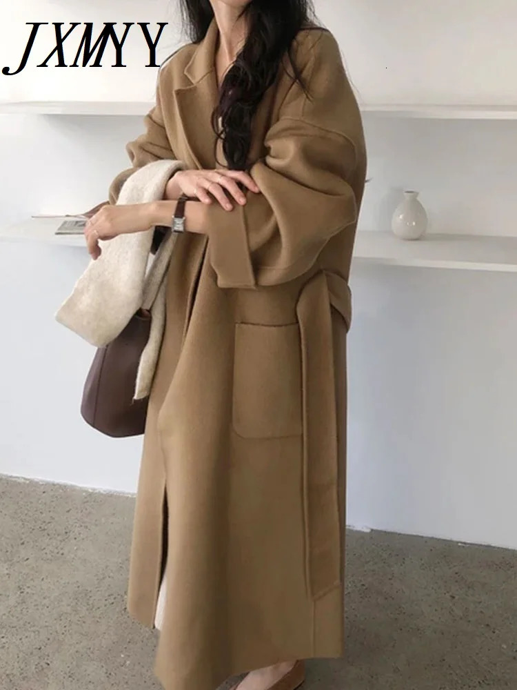 JXMYY Womens Casual Loose Set Wool Coat Lace Long Thick Elegant Temperature Lazy Style Winter Fashion 240930