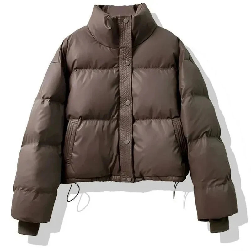 Parka chaude et épaisse à la mode pour femme, veste ample en coton noir rembourré en cuir PU, manteau élégant à fermeture éclair, hauts Y2K 24100