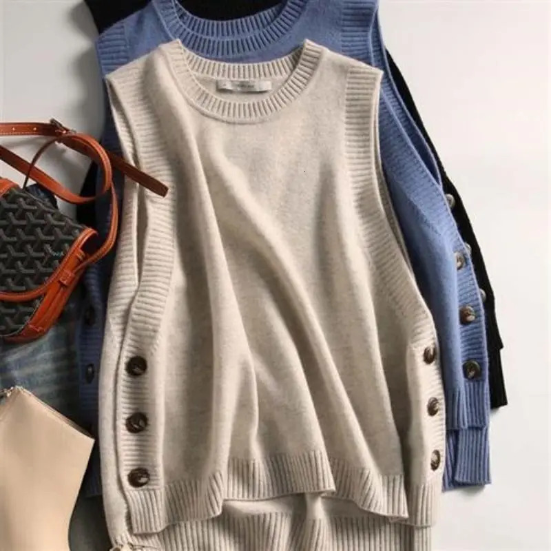 Womens Sleeveless Round Neck Korean Version Spring Item Knit College Style Loose Sweatert Versatile Casual Vest Tops 241008