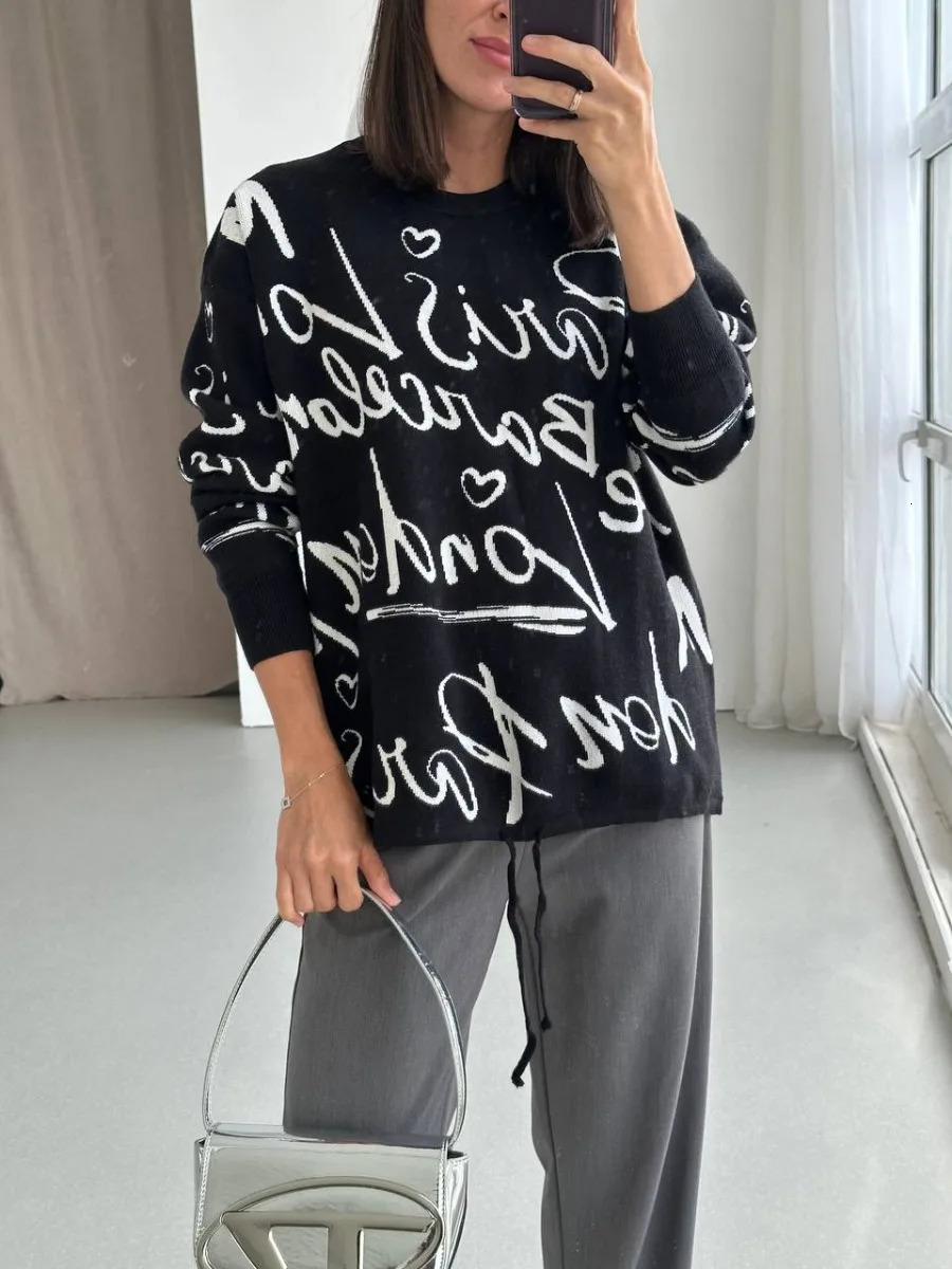 Bornlades Letter Sweater Womens Knitted Pulling Full Sleeve Casual O-Neck Jumper Chenille Clothing Autumn Winter 241010