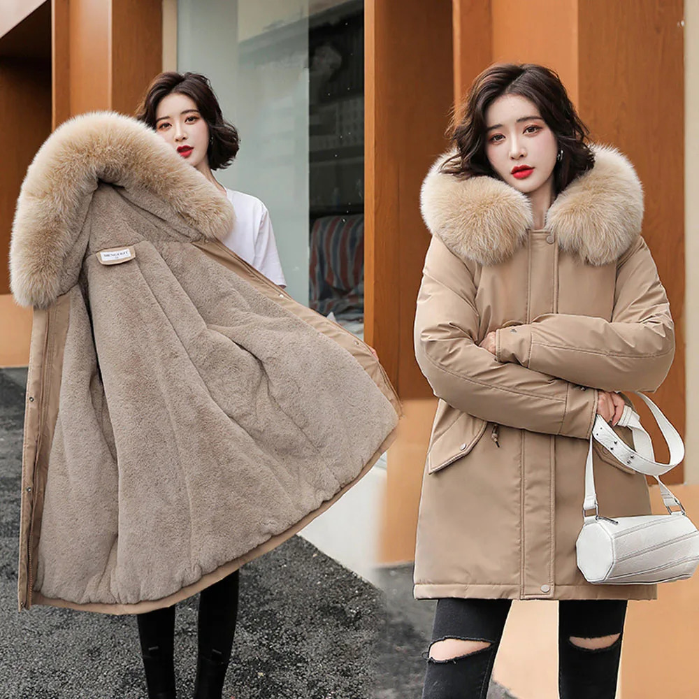 Womens Beige Plus Velvet Winter Down Coat Jacket Parkas Outdoor Fur Collar For Women Korean Clothes Streetwear 241008