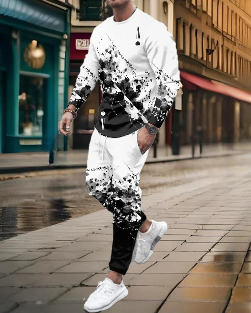 Spring and Autumn Mens Track and Field Clothing Set Fashion Long Sleeve Set Black and White Poker 3D Printed Oversized Mens Running Clothing Set