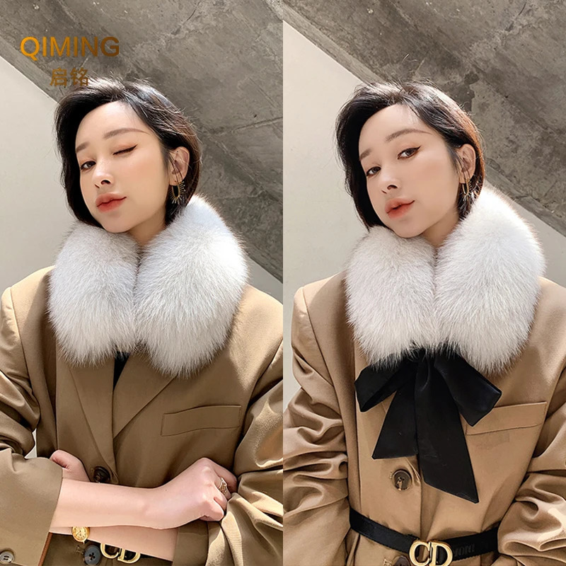 Womens Fox Fur Collar Womens Winter Ribbon er Scarf Ring Coat Fashionable Warm True Fox Fur Scarf Womens Scarf 241011