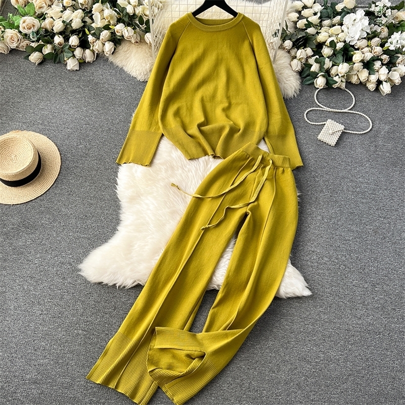 Héliers Femmes tricotées en vrac 2 pièces Pull à manches longues Oneck et pantalon de jambe large tenue de bureau décontracté set automne hiver y