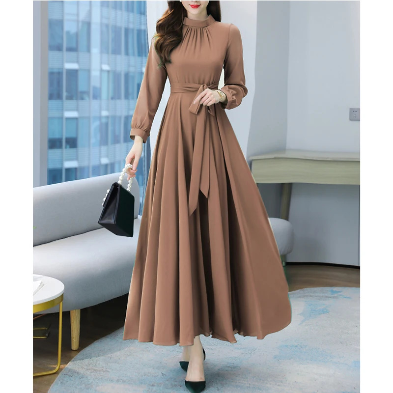 Plus taille printemps automne femme robes maxi femelle vintage manche complète solide robe décontractée de mousseline de mousseline bohème long 2