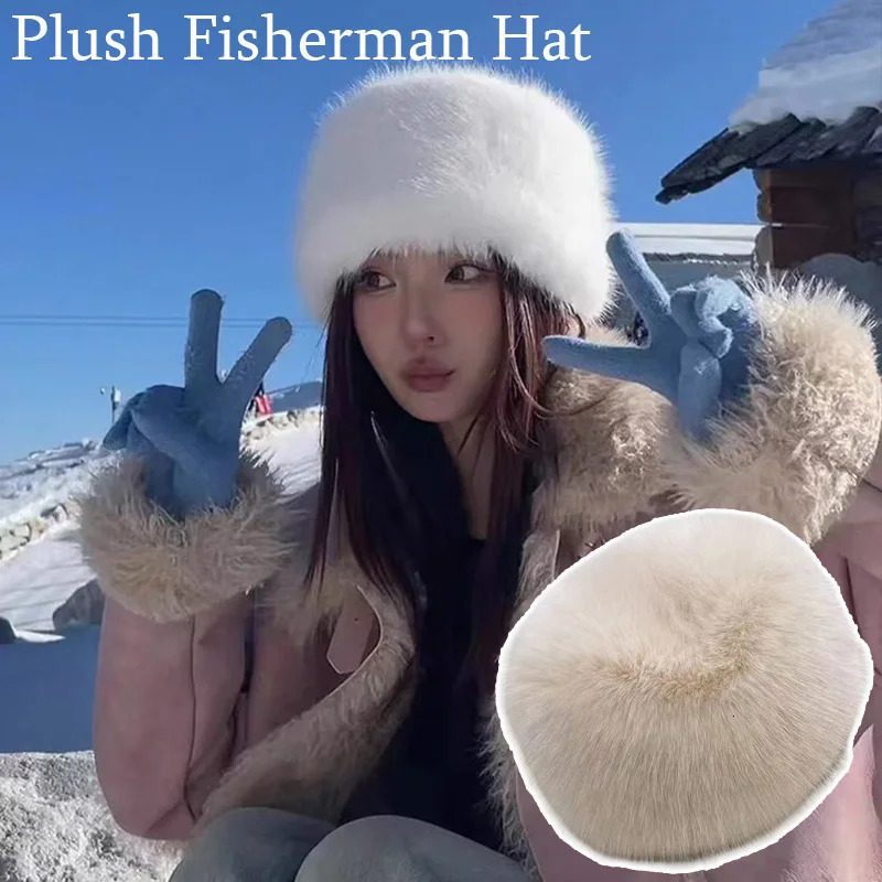 Korean fashion hat womens winter snow skiing hat thick imitation fur bucket hat womens mink Mongolian hat 241011