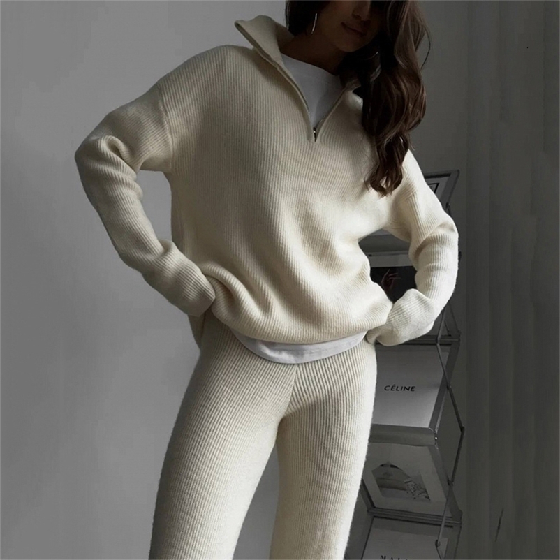 Femmes survêtement deux pièces en tricot à fermeture éclair et pantalons hauts hauts ensembles pantalon crayon de gaine décontractée solide 2024