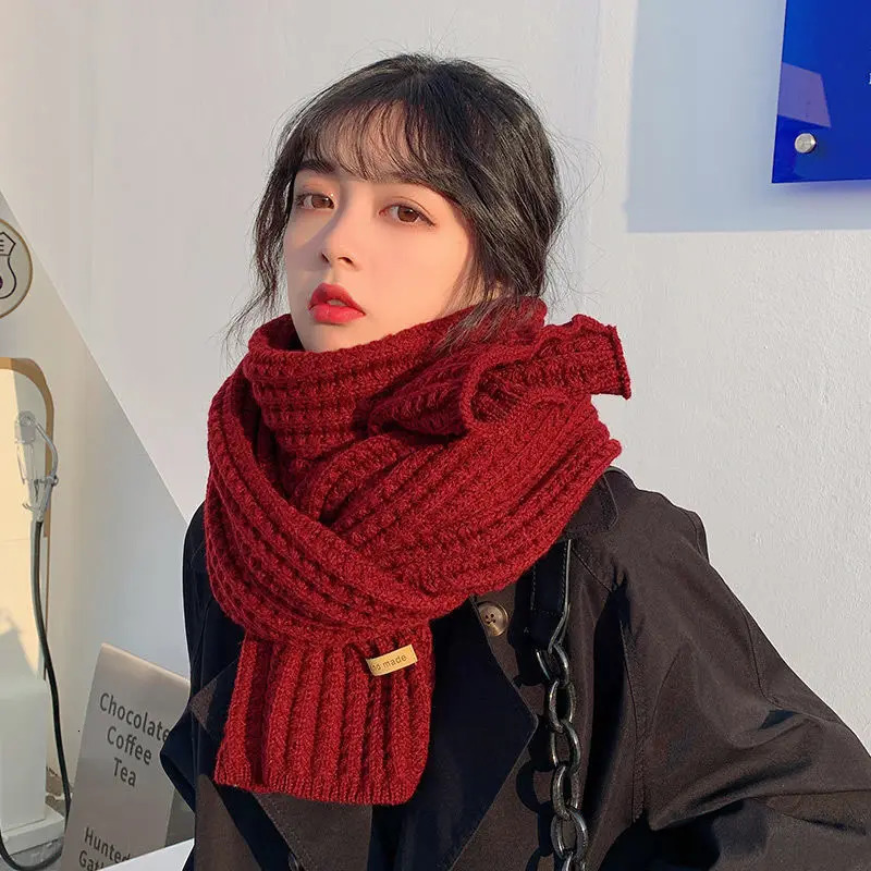 Winter Scarf Womens Korean Wool Scarf Lover Men and Women Thick Warm Student Internet Red Solid Color Knitted Scarf Hoodie 241011